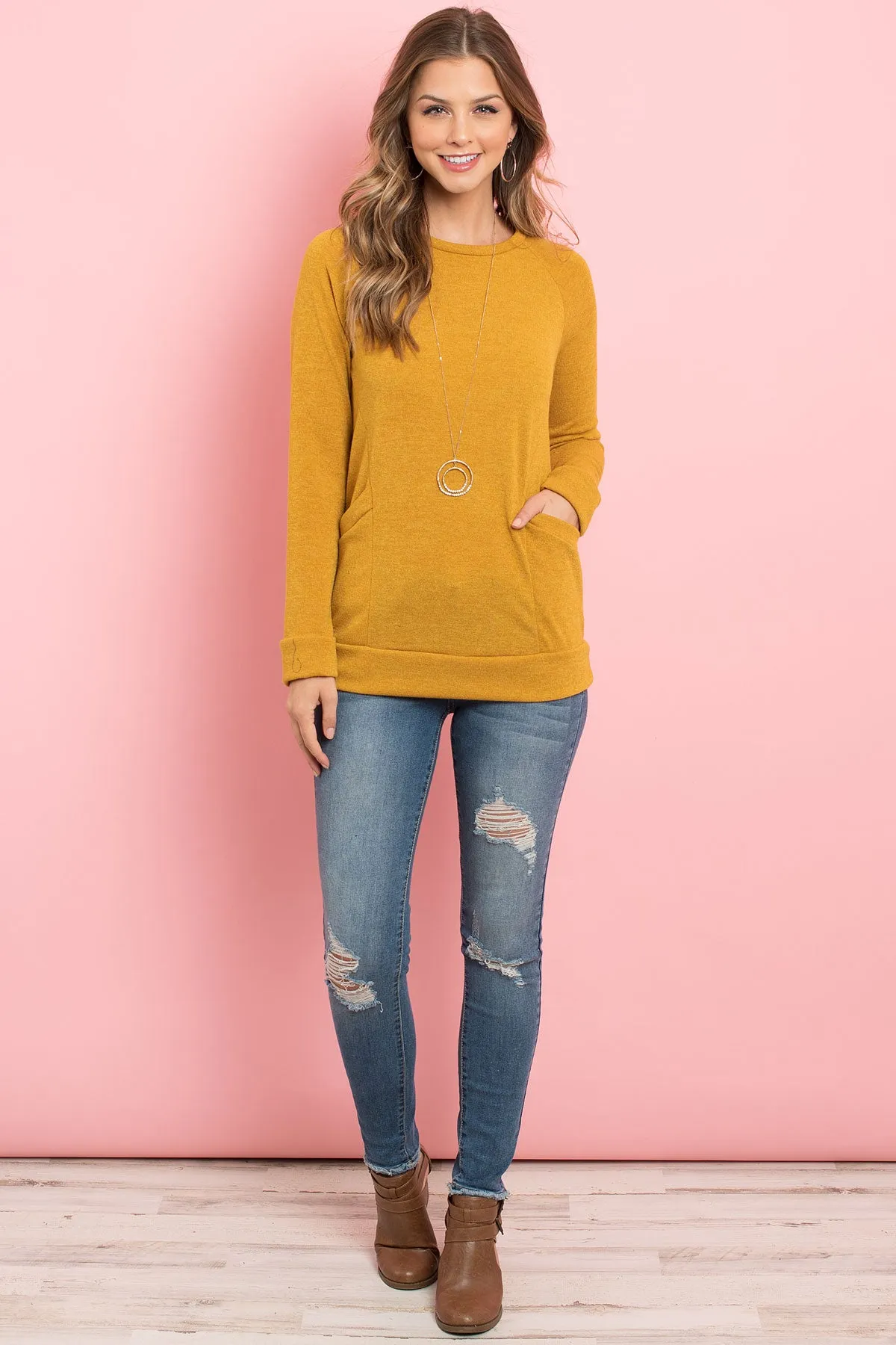Knit Front Pocket Long Sleeved Top