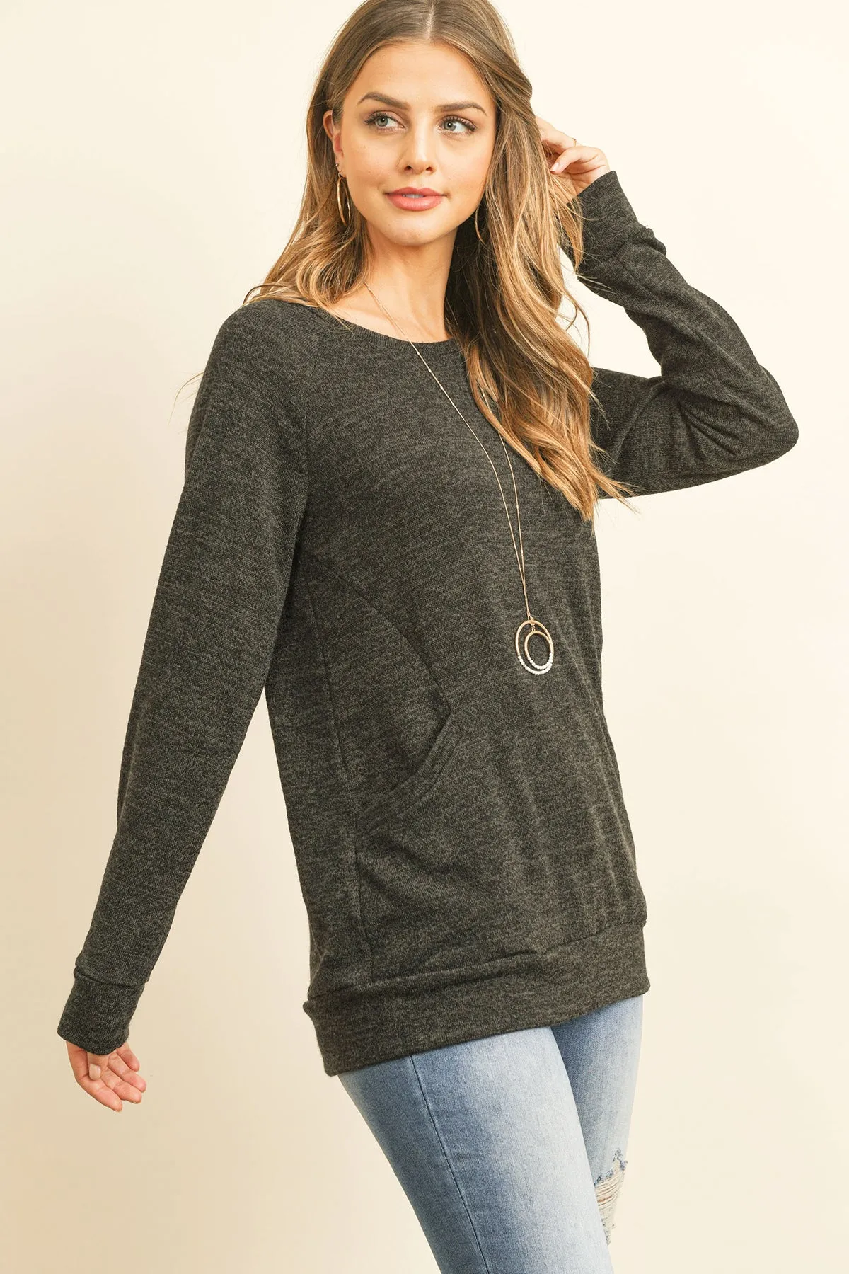 Knit Front Pocket Long Sleeved Top