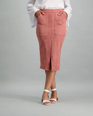 Ladies Button Though Suede Skirt - Pink