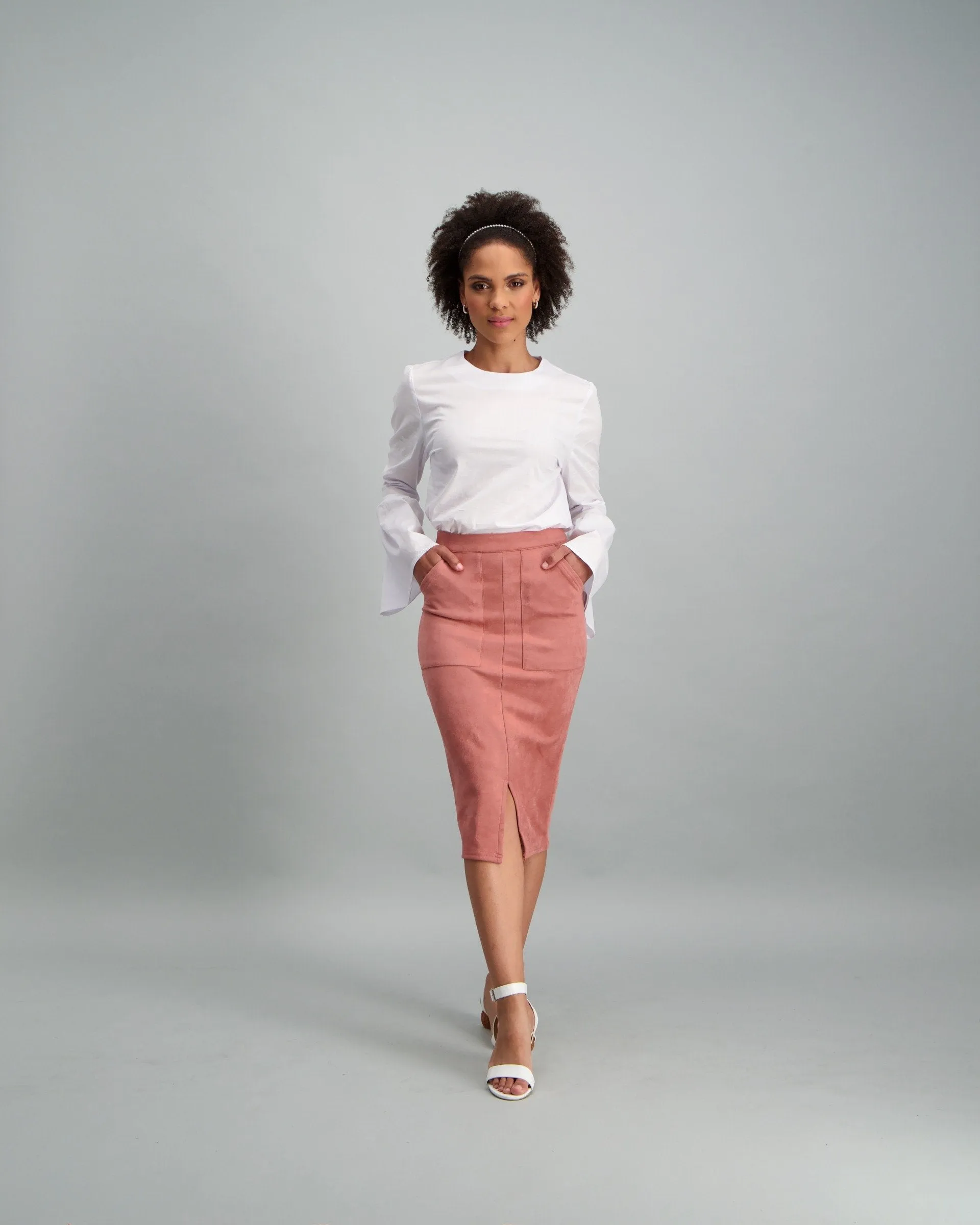 Ladies Button Though Suede Skirt - Pink