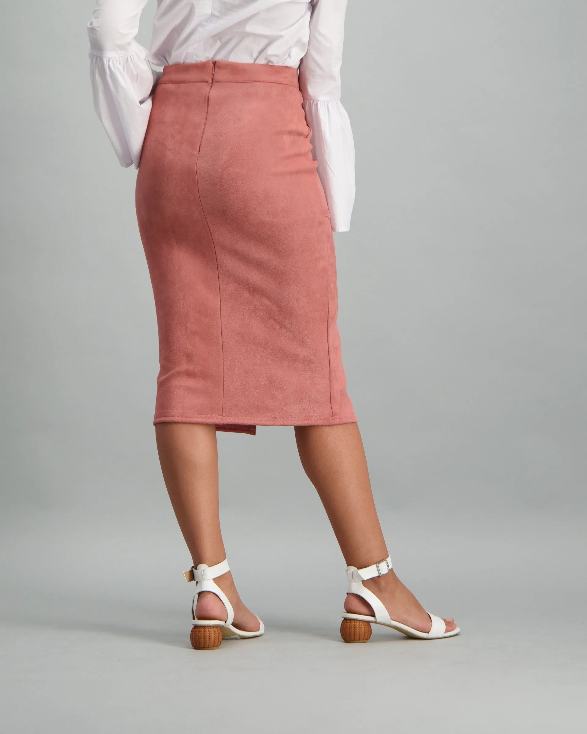 Ladies Button Though Suede Skirt - Pink