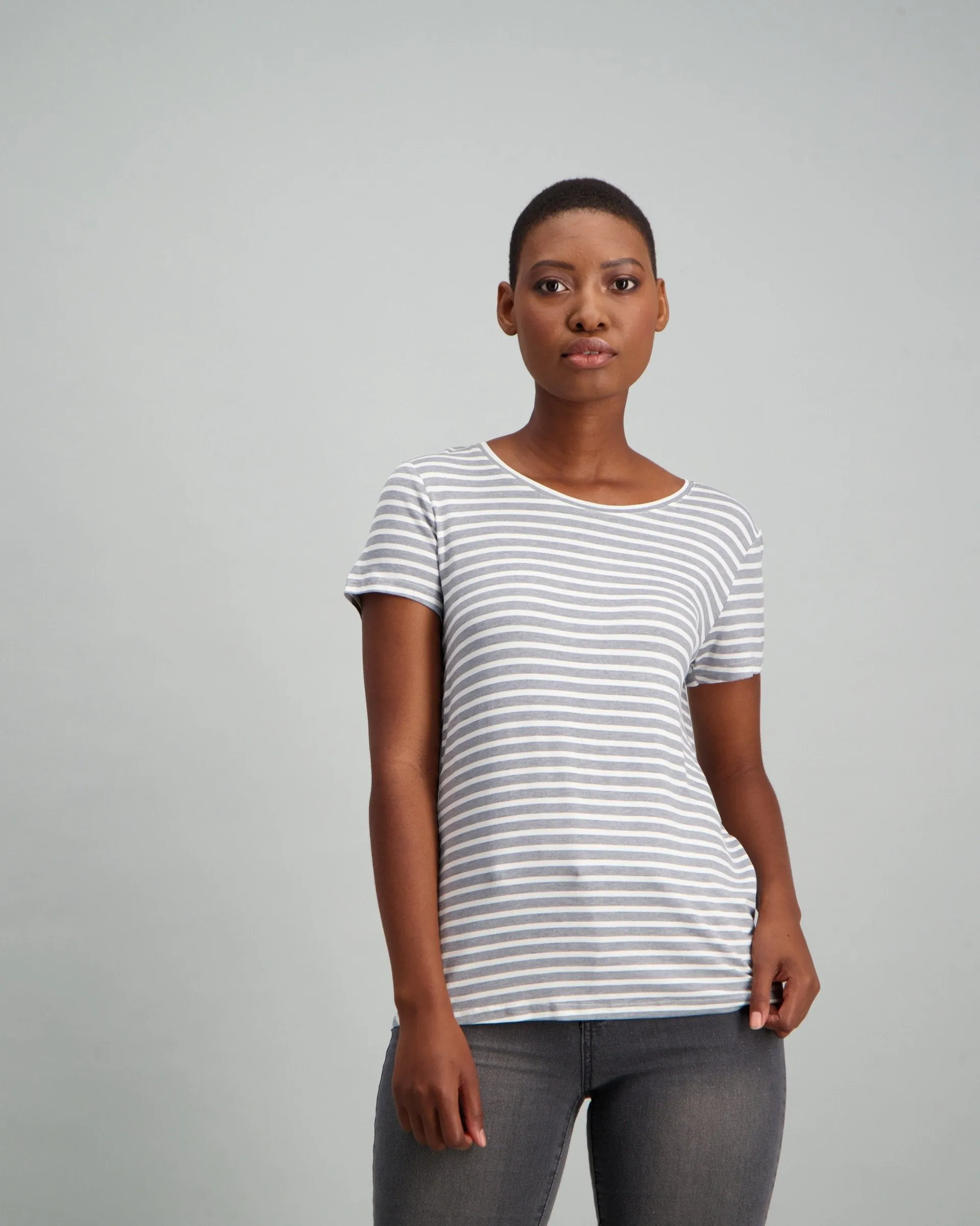 Ladies Stripe T-Shirt - Grey/White
