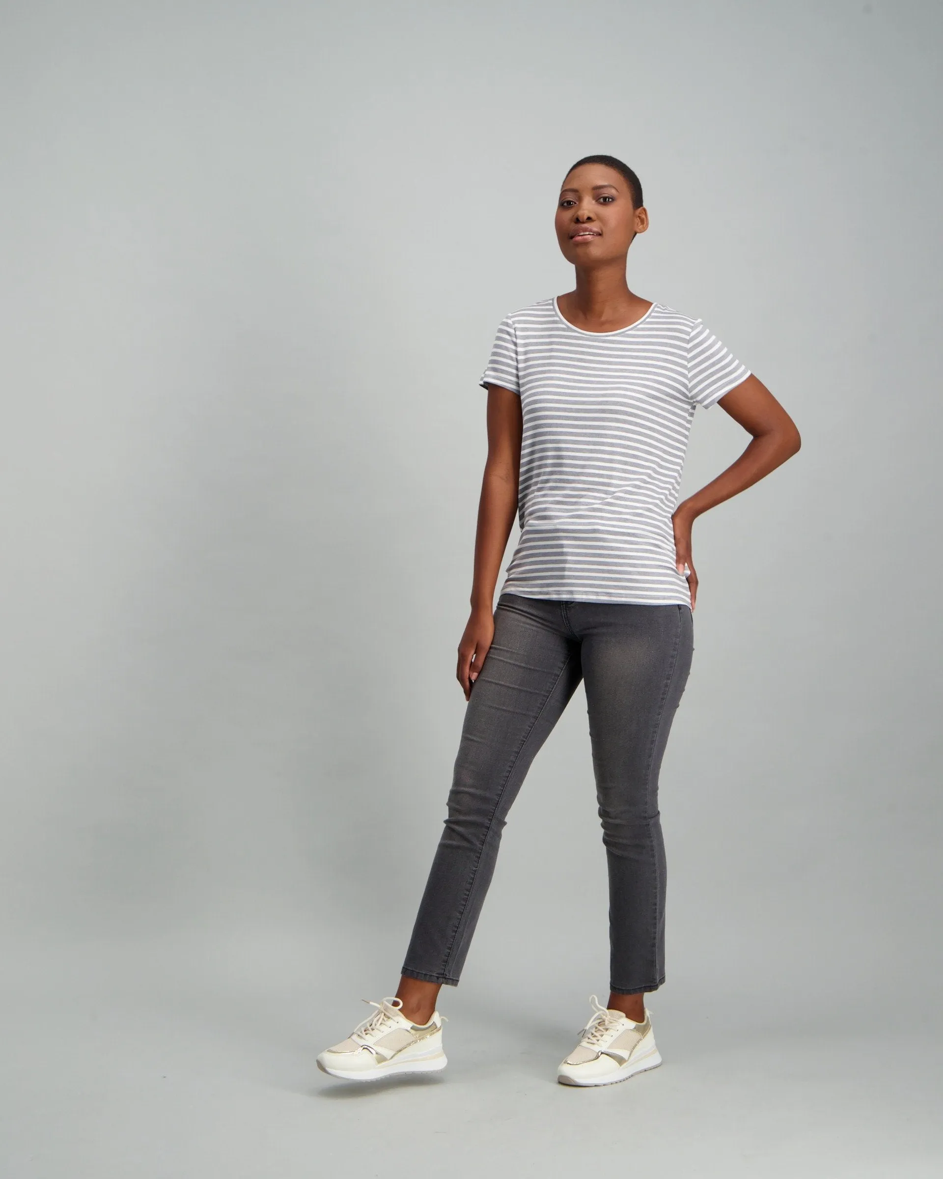 Ladies Stripe T-Shirt - Grey/White