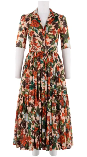 Melanie Dress #1 Shirt Collar 1/2 Sleeve Midi Plus Length Cotton Musola (Barbados Flower Ground)