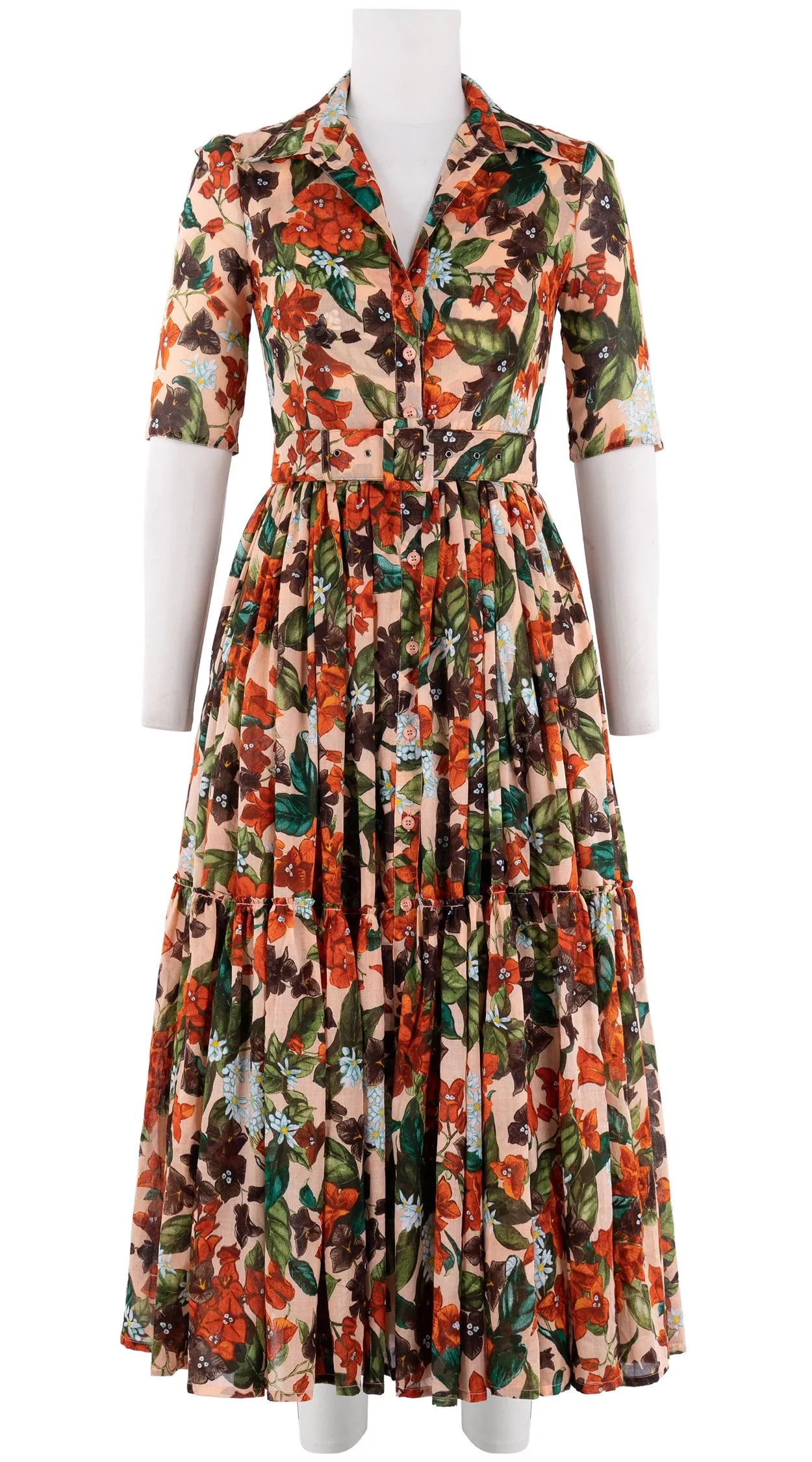Melanie Dress #1 Shirt Collar 1/2 Sleeve Midi Plus Length Cotton Musola (Barbados Flower Ground)