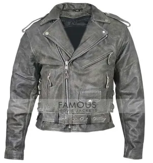 Men's Belted Distressed Black Biker Jacket