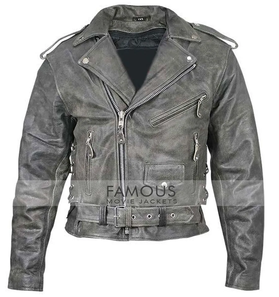 Men's Belted Distressed Black Biker Jacket