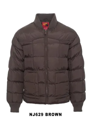 Men's Nylon Quilted Puffer Jacket with Embroidery-NJ629/EMB-Brown