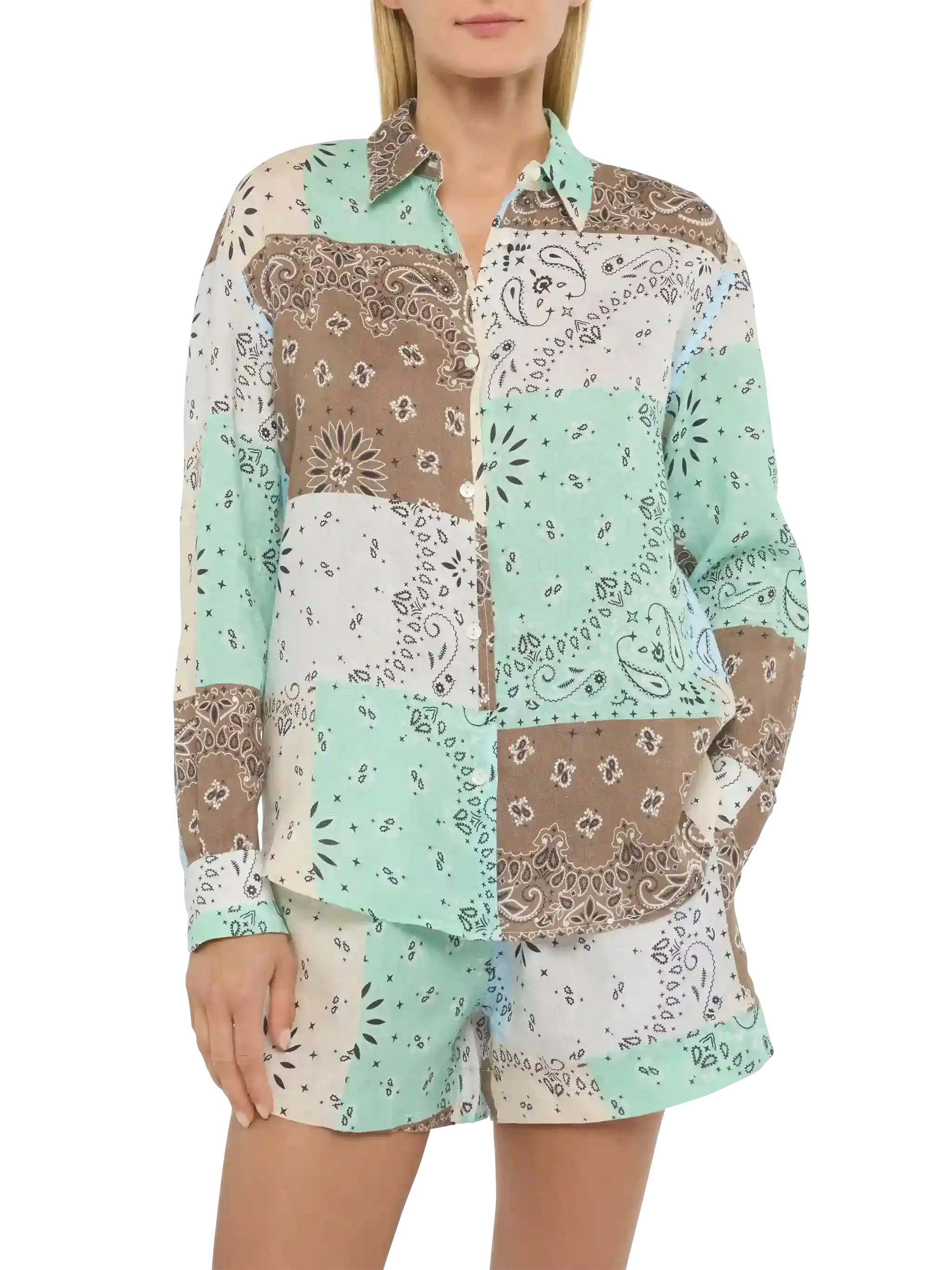 Meredith linen classic shirt with bandanna patch print