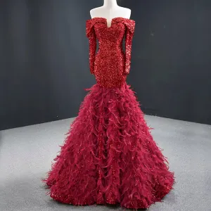 Mermaid Sequins Off Shoulder Long Sleeve Prom Dress With Feather