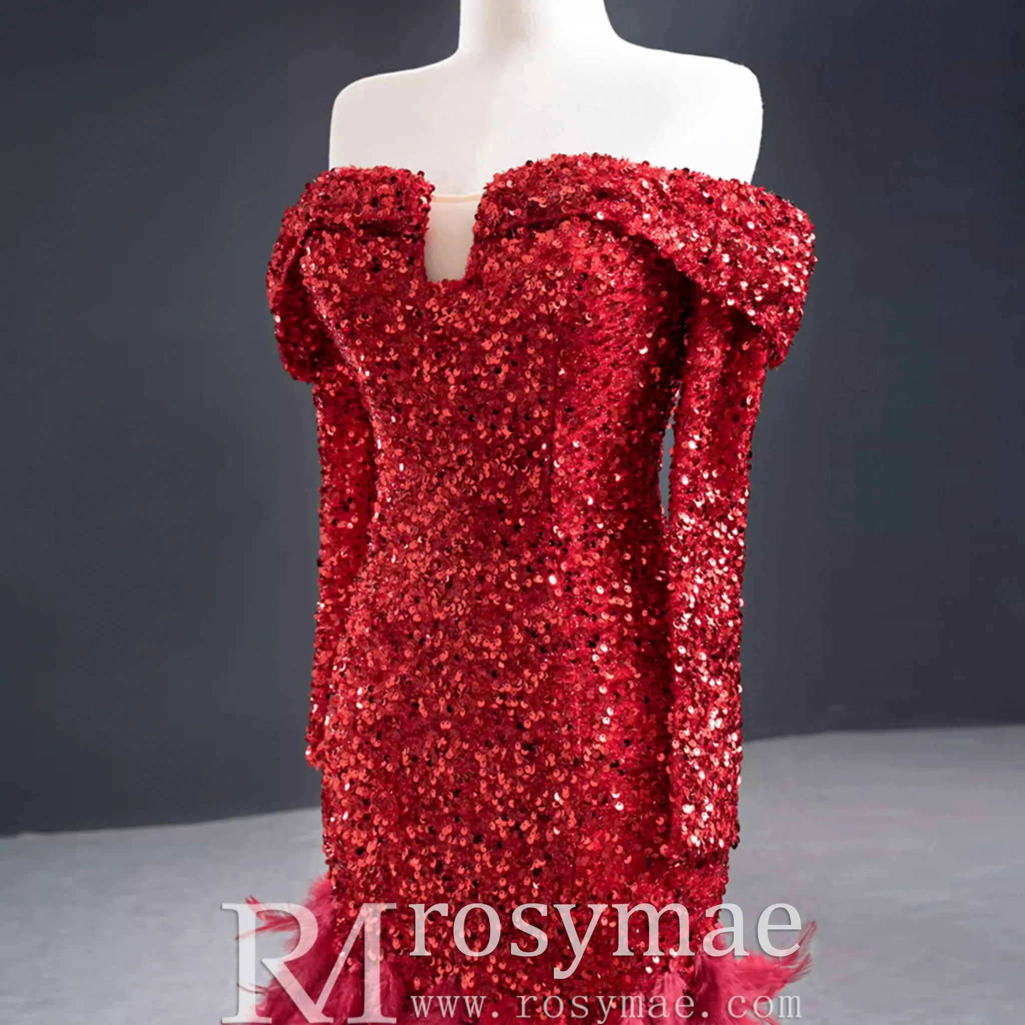 Mermaid Sequins Off Shoulder Long Sleeve Prom Dress With Feather