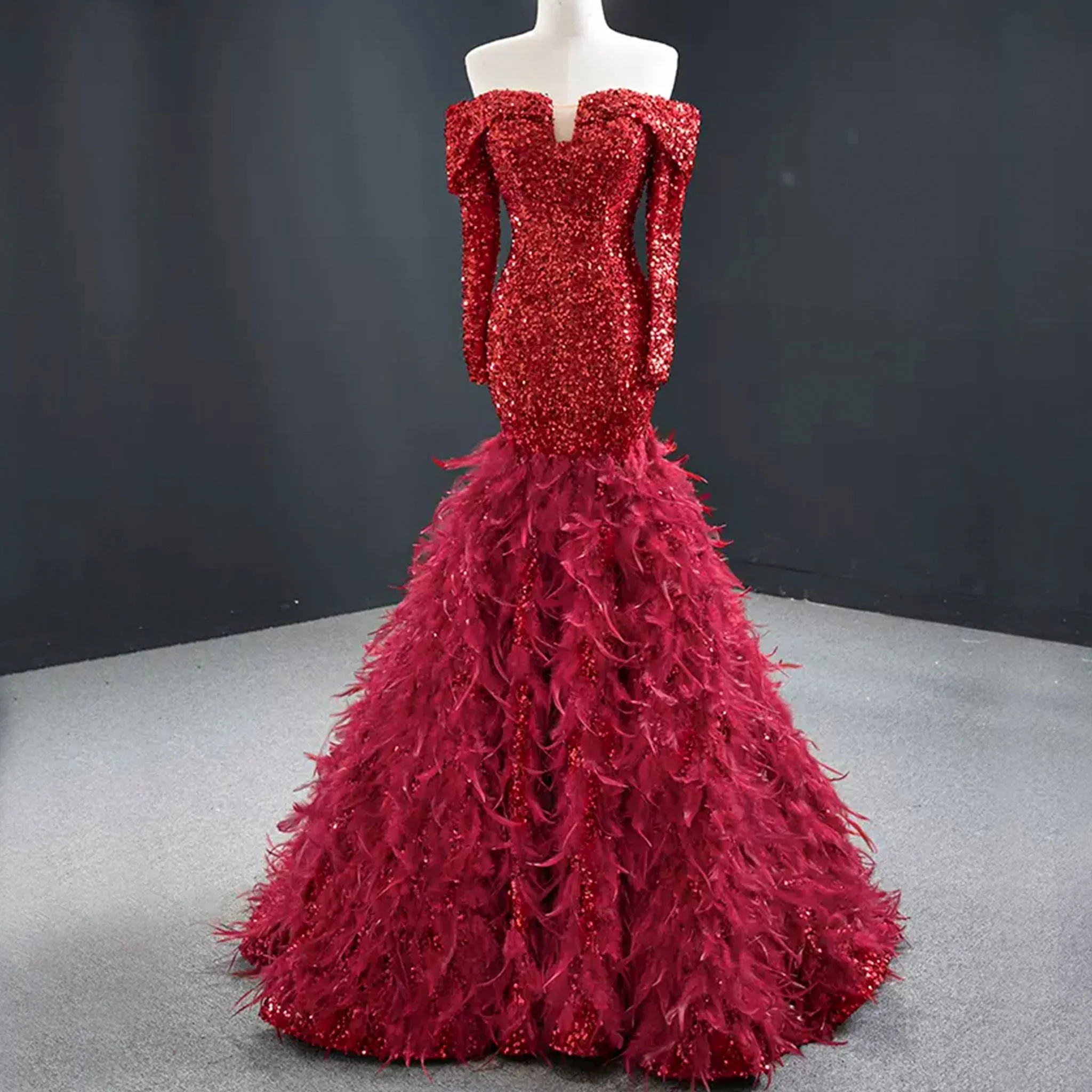 Mermaid Sequins Off Shoulder Long Sleeve Prom Dress With Feather