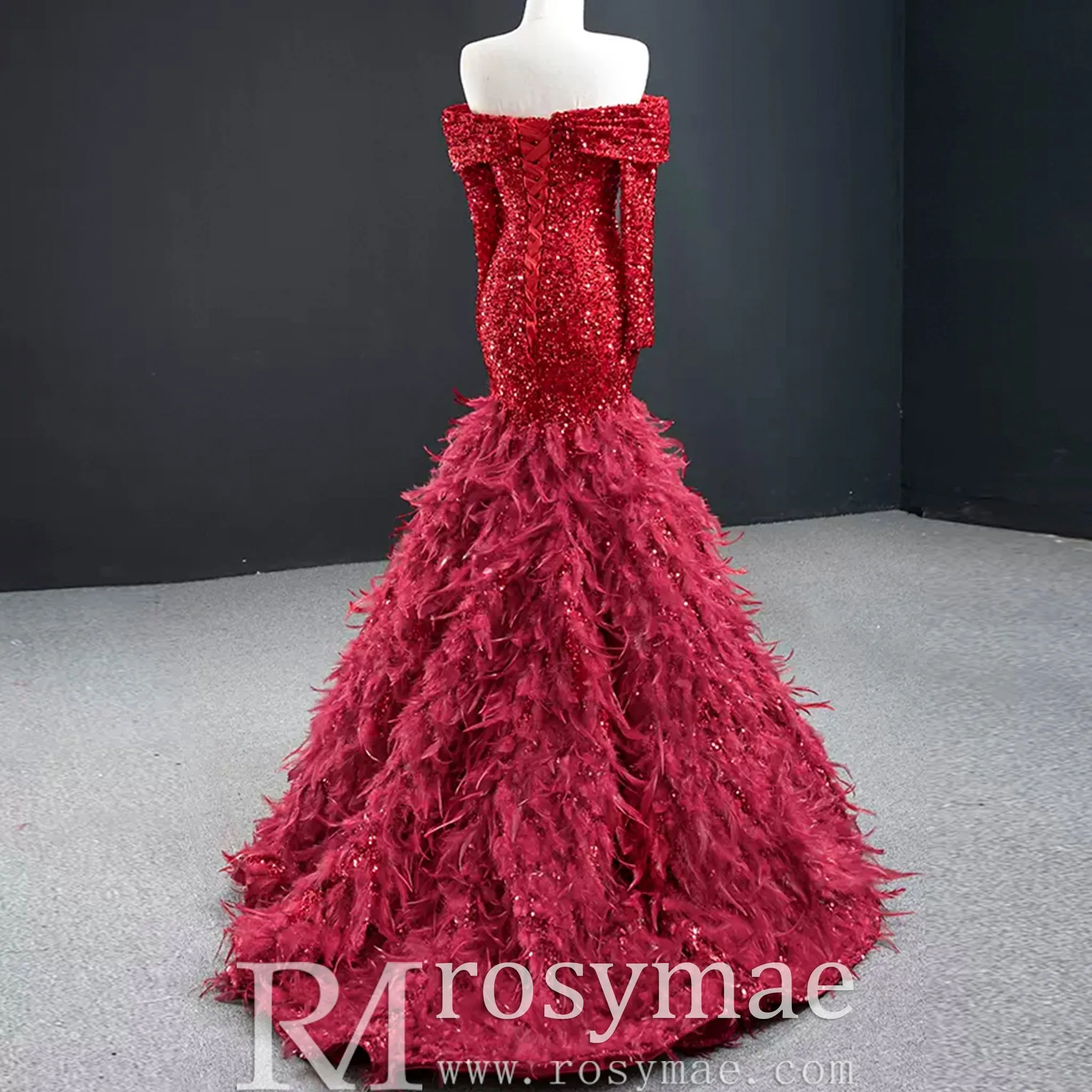 Mermaid Sequins Off Shoulder Long Sleeve Prom Dress With Feather
