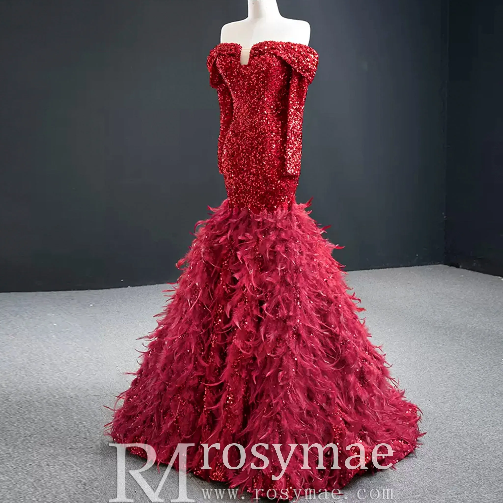 Mermaid Sequins Off Shoulder Long Sleeve Prom Dress With Feather