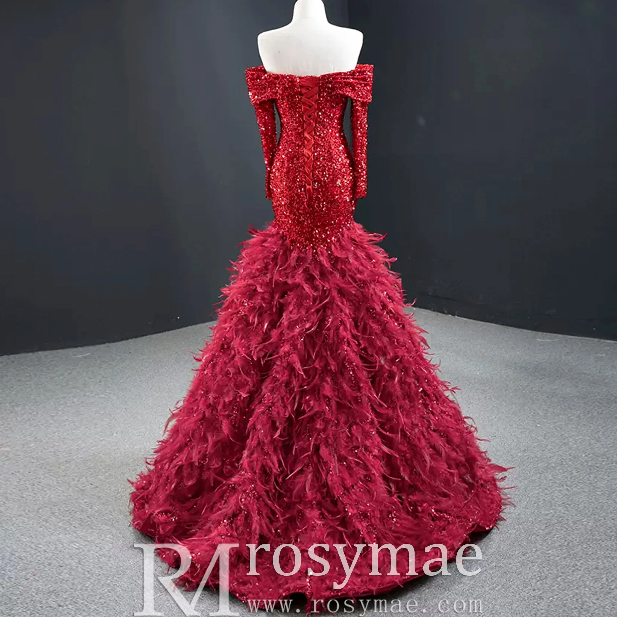 Mermaid Sequins Off Shoulder Long Sleeve Prom Dress With Feather