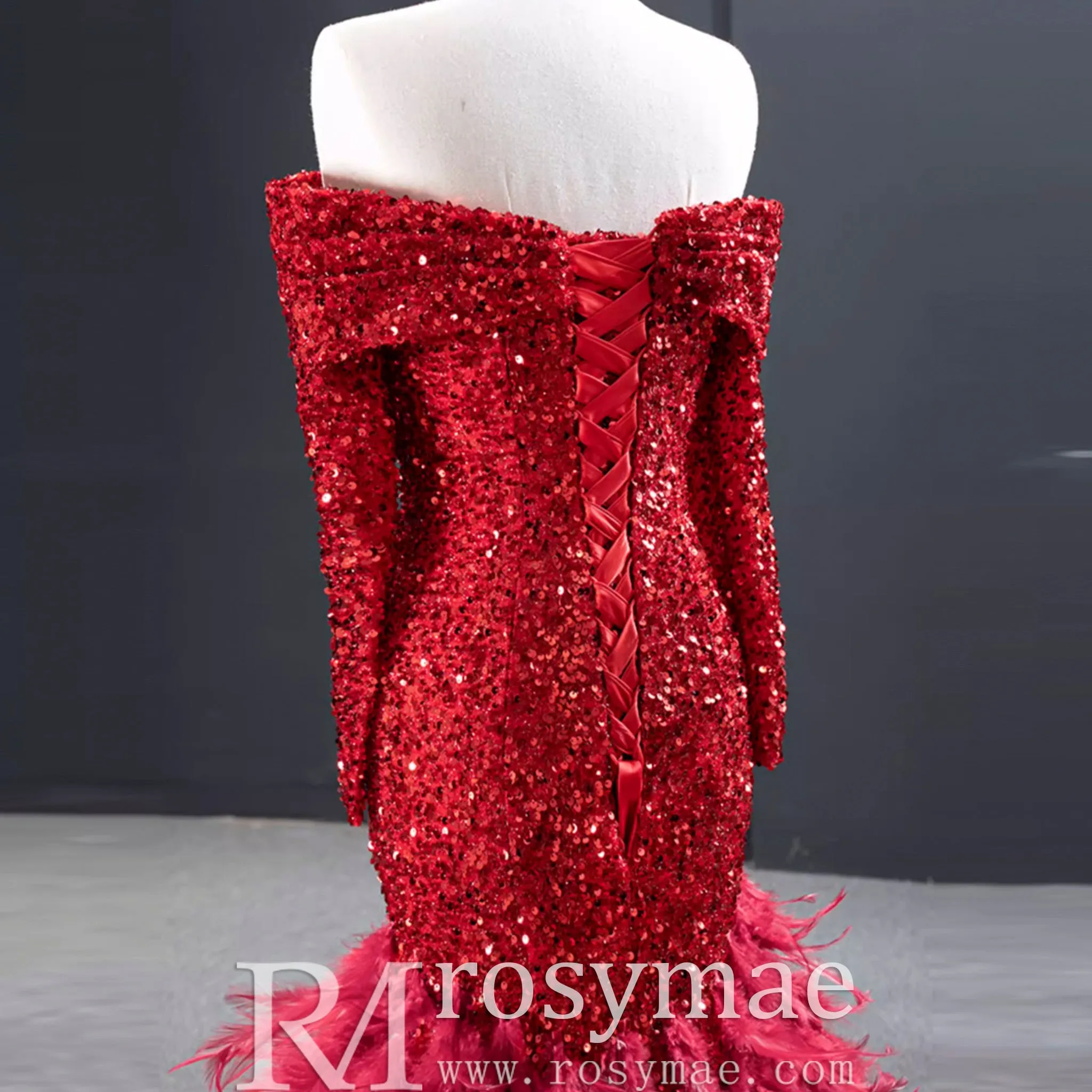 Mermaid Sequins Off Shoulder Long Sleeve Prom Dress With Feather