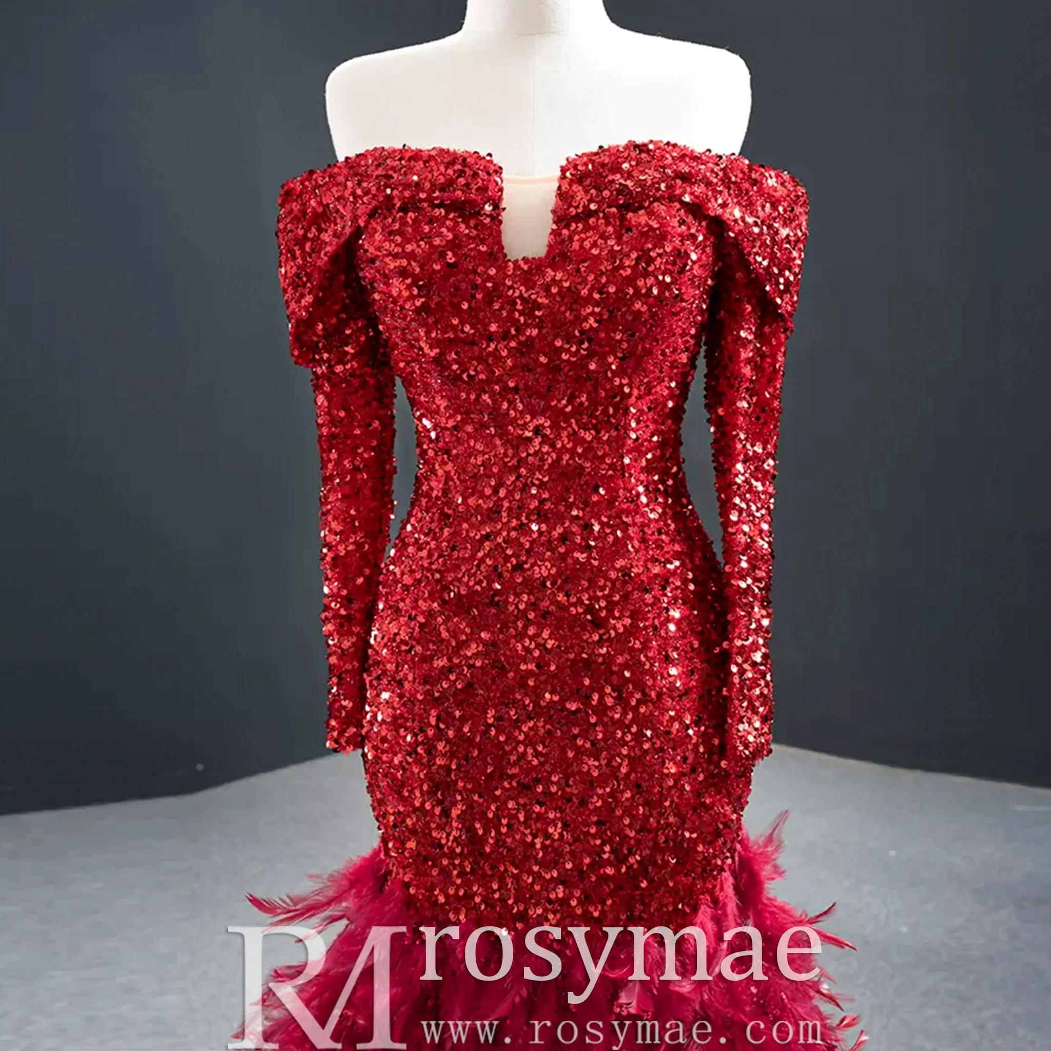 Mermaid Sequins Off Shoulder Long Sleeve Prom Dress With Feather