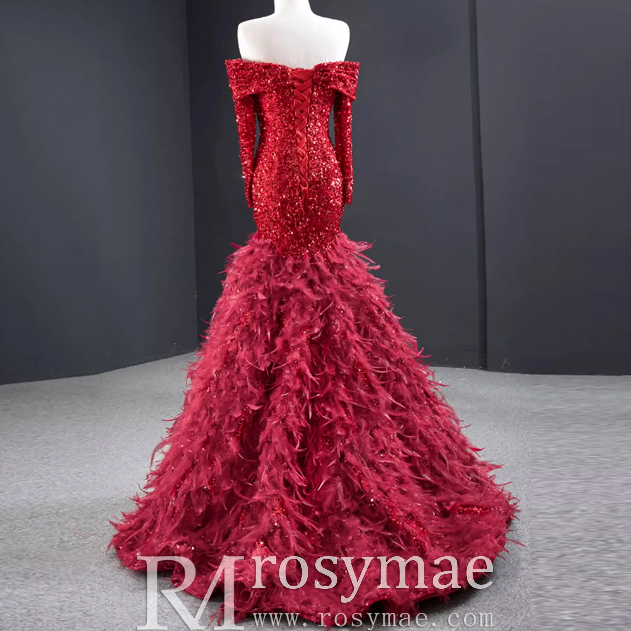 Mermaid Sequins Off Shoulder Long Sleeve Prom Dress With Feather