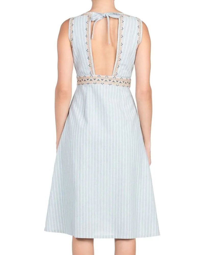 Miss Me Embroidered Plunging Neckline Stripe Midi Dress