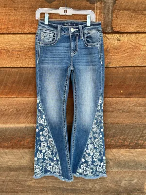 Miss Me Girl's Paisley Mid Rise Raw Hem Flare Jeans K5151F569