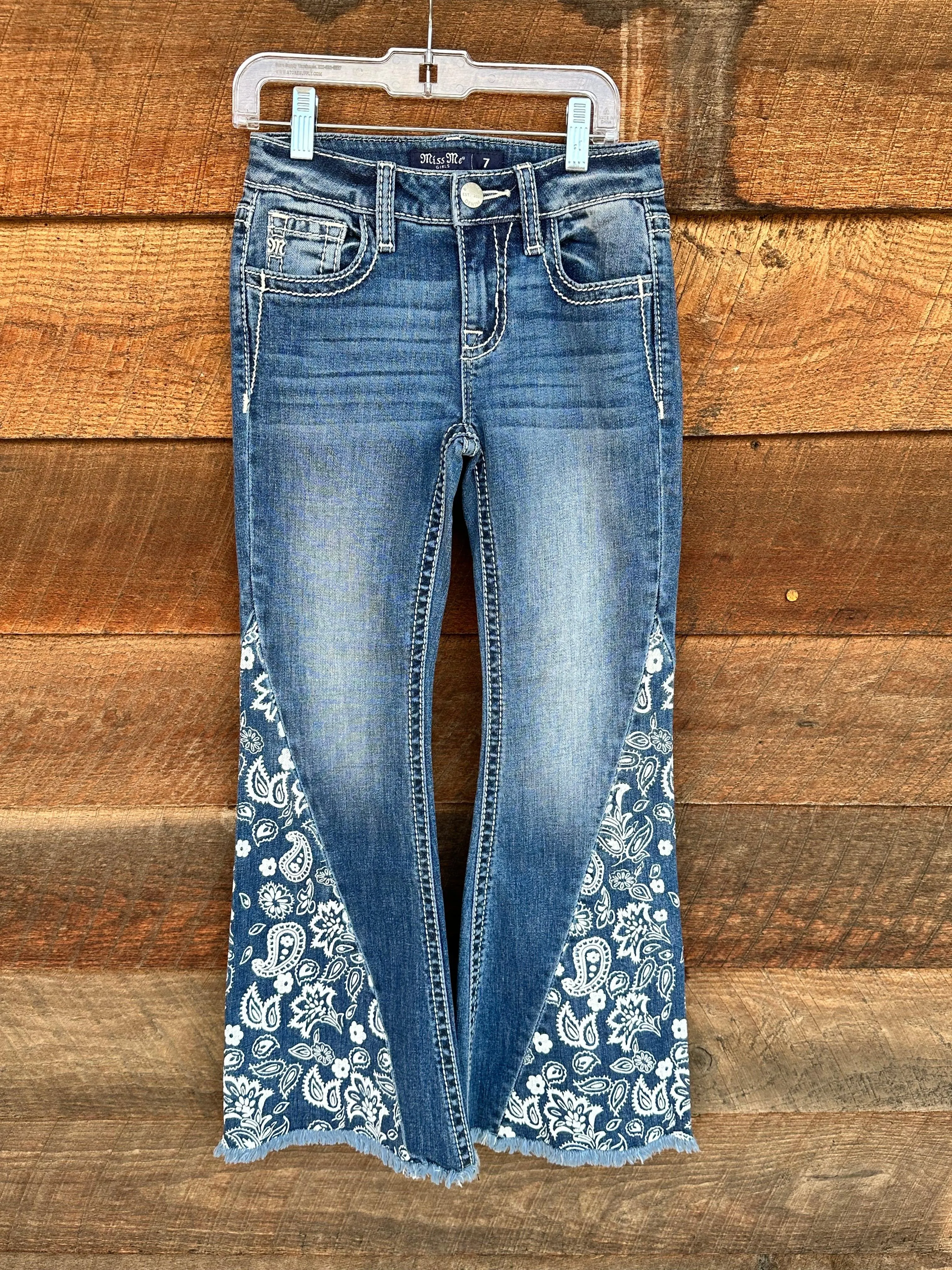 Miss Me Girl's Paisley Mid Rise Raw Hem Flare Jeans K5151F569