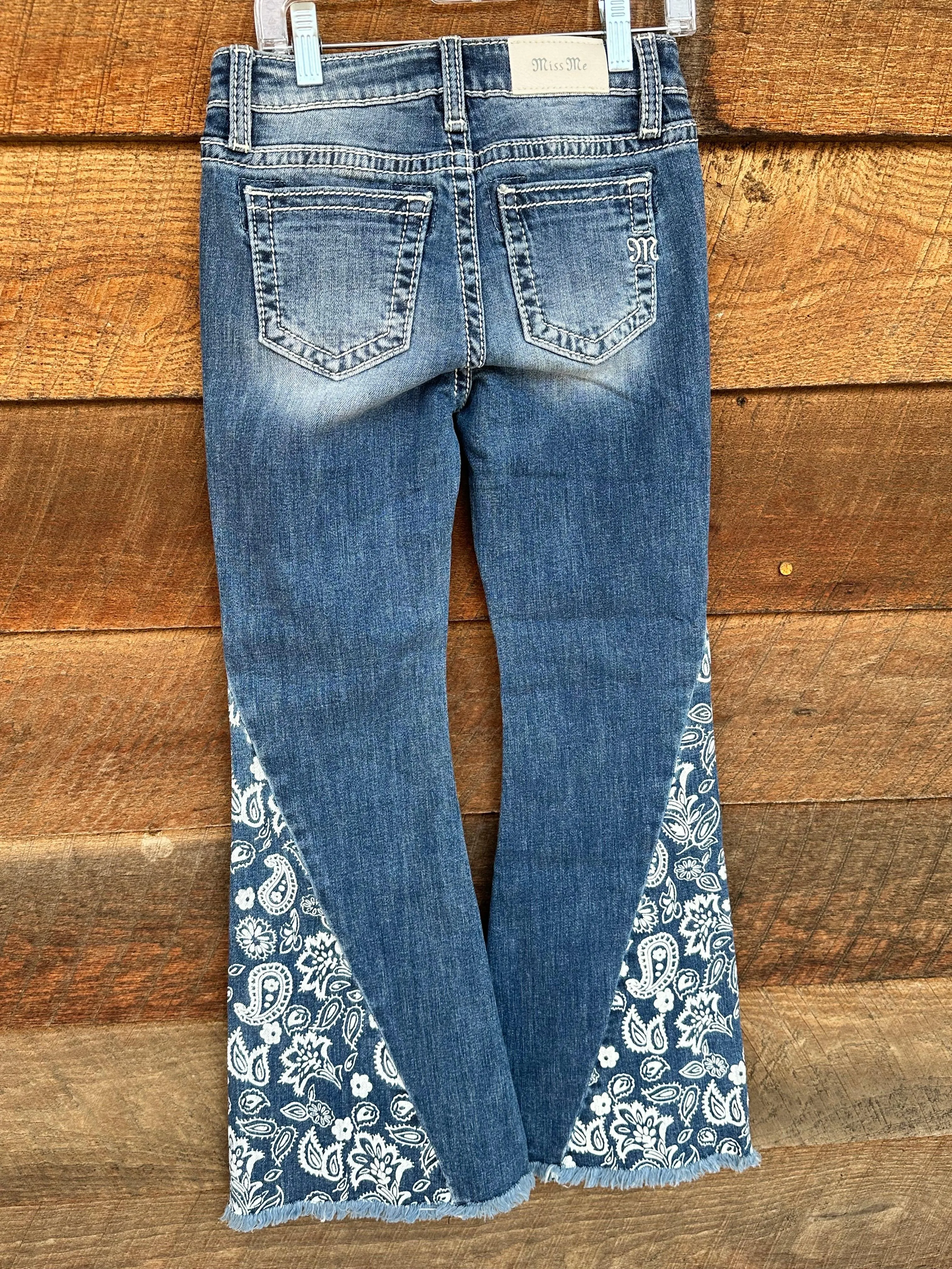 Miss Me Girl's Paisley Mid Rise Raw Hem Flare Jeans K5151F569