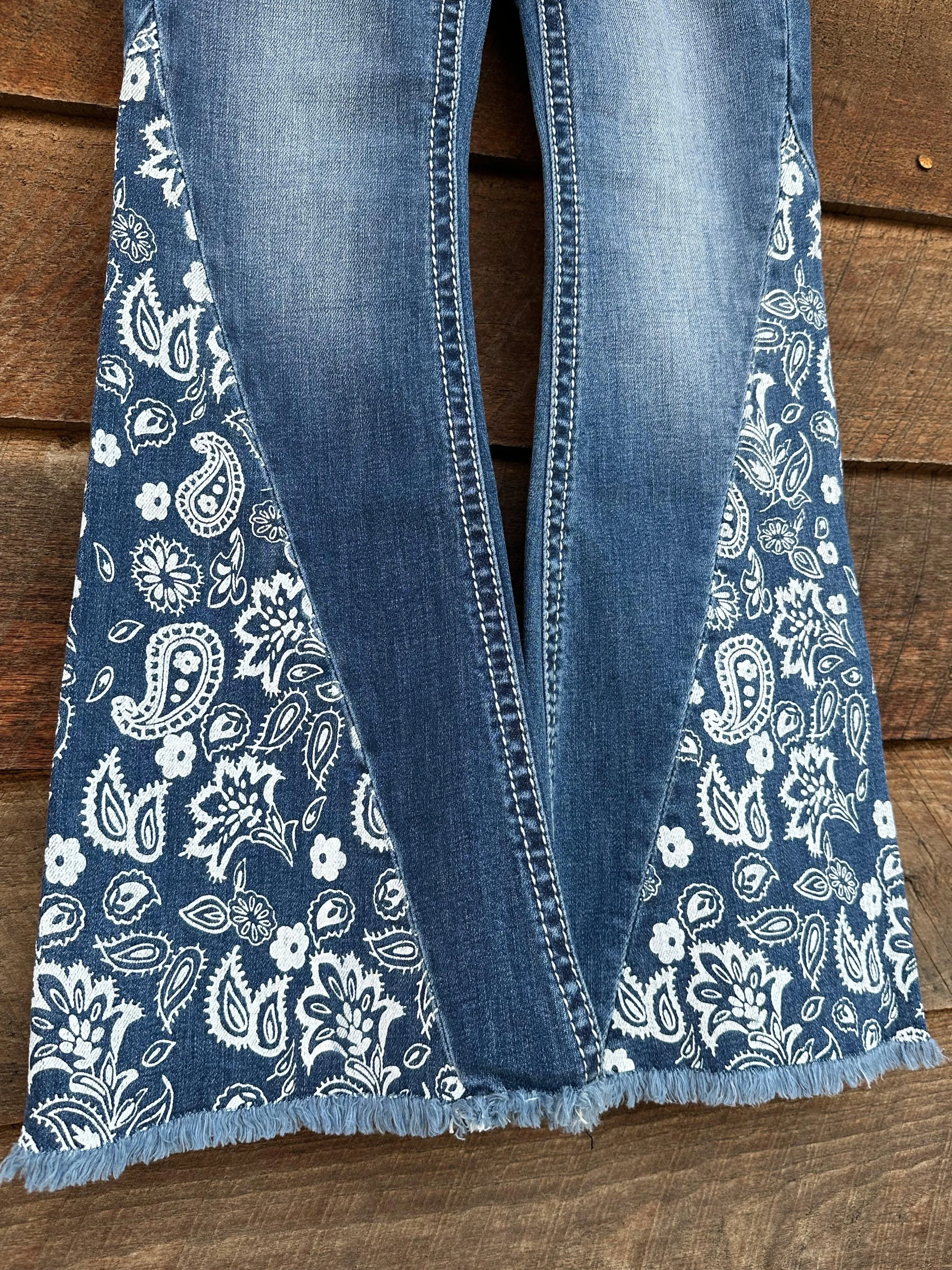 Miss Me Girl's Paisley Mid Rise Raw Hem Flare Jeans K5151F569