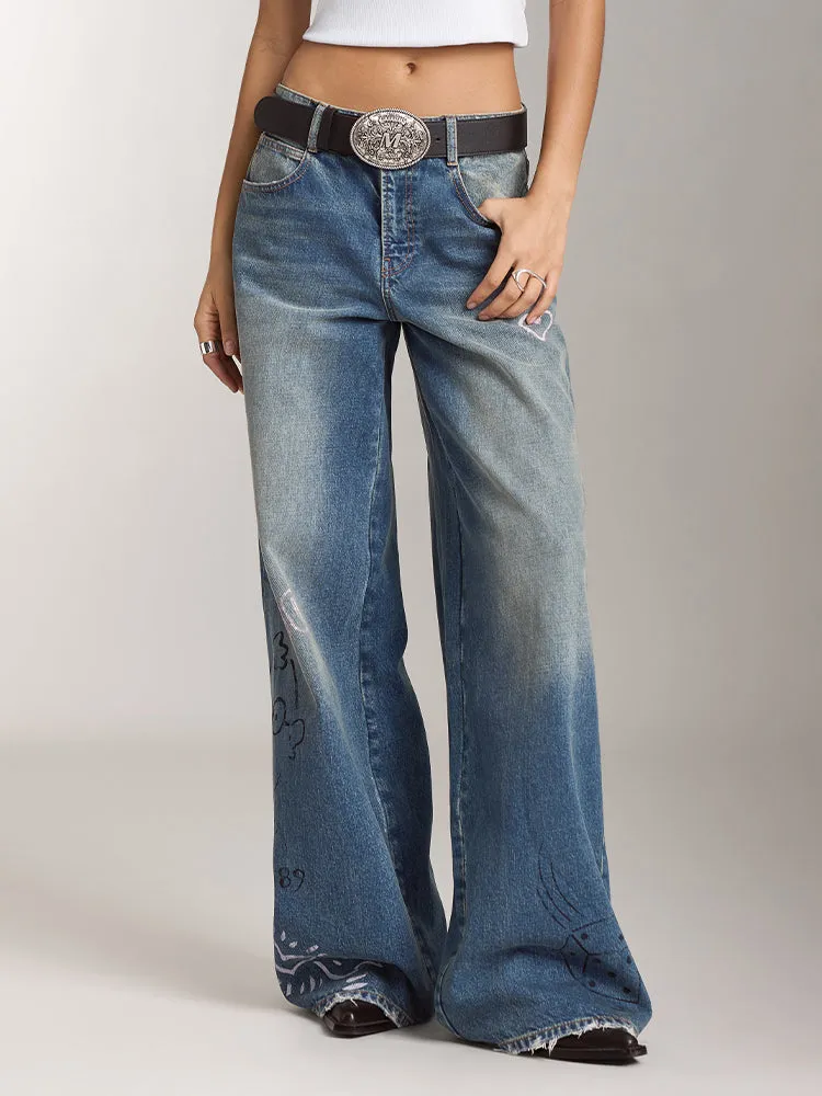 Miss Sixty X Keith Haring Capsule Collection Distressed Wide-Leg Jeans