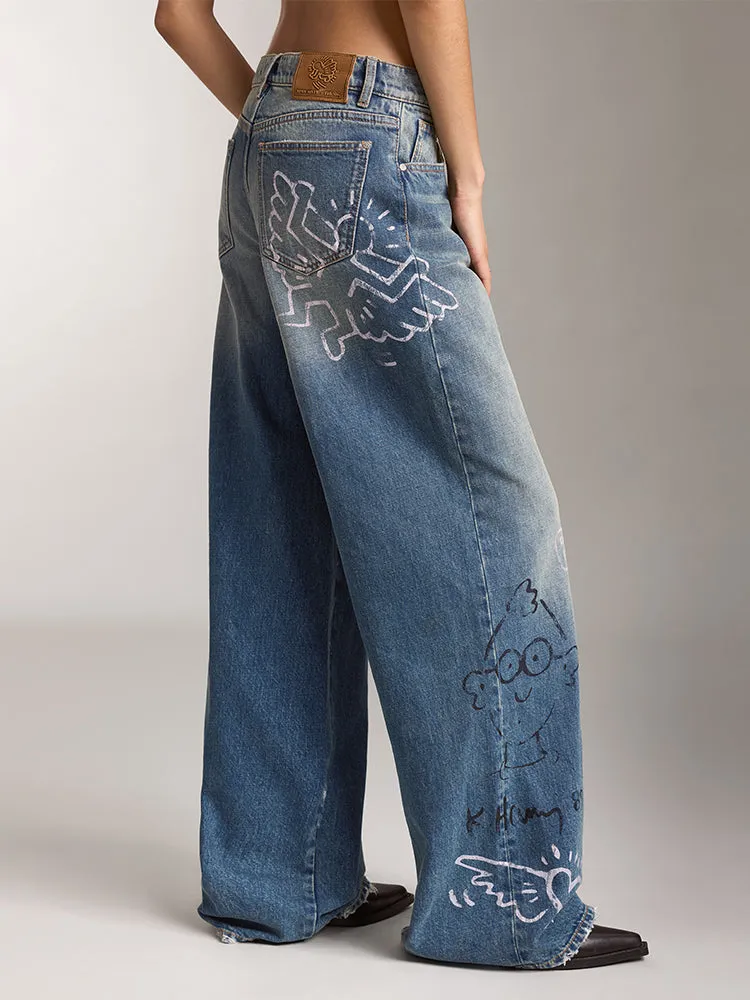 Miss Sixty X Keith Haring Capsule Collection Distressed Wide-Leg Jeans