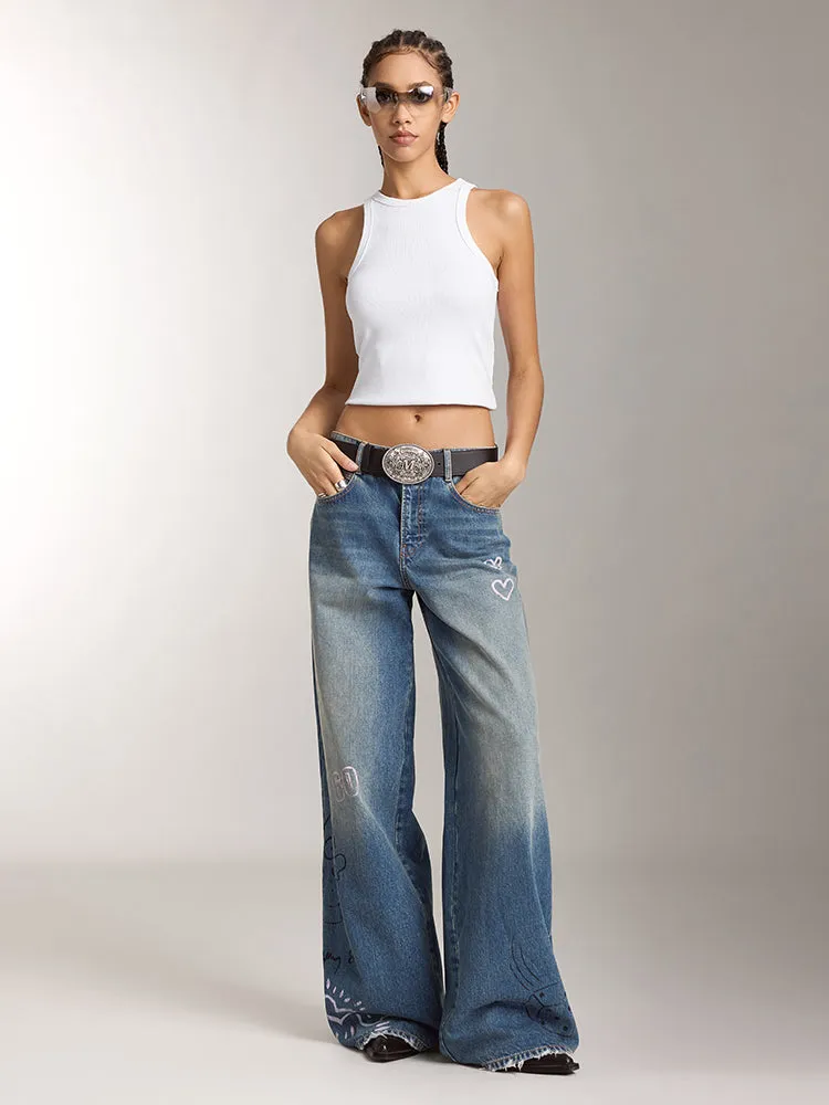 Miss Sixty X Keith Haring Capsule Collection Distressed Wide-Leg Jeans