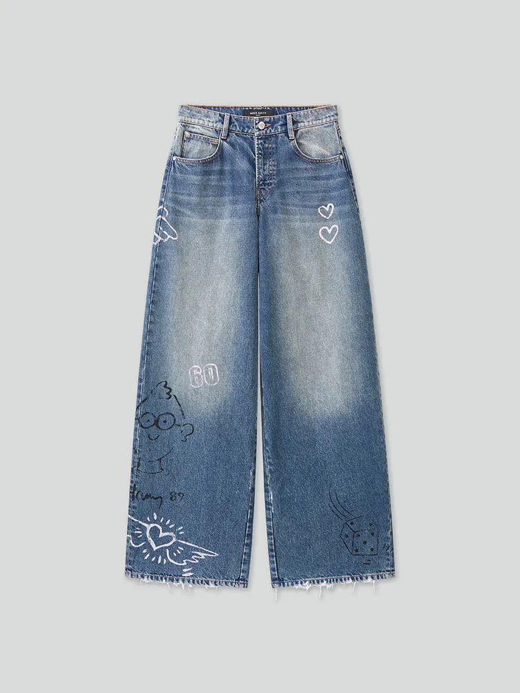 Miss Sixty X Keith Haring Capsule Collection Distressed Wide-Leg Jeans