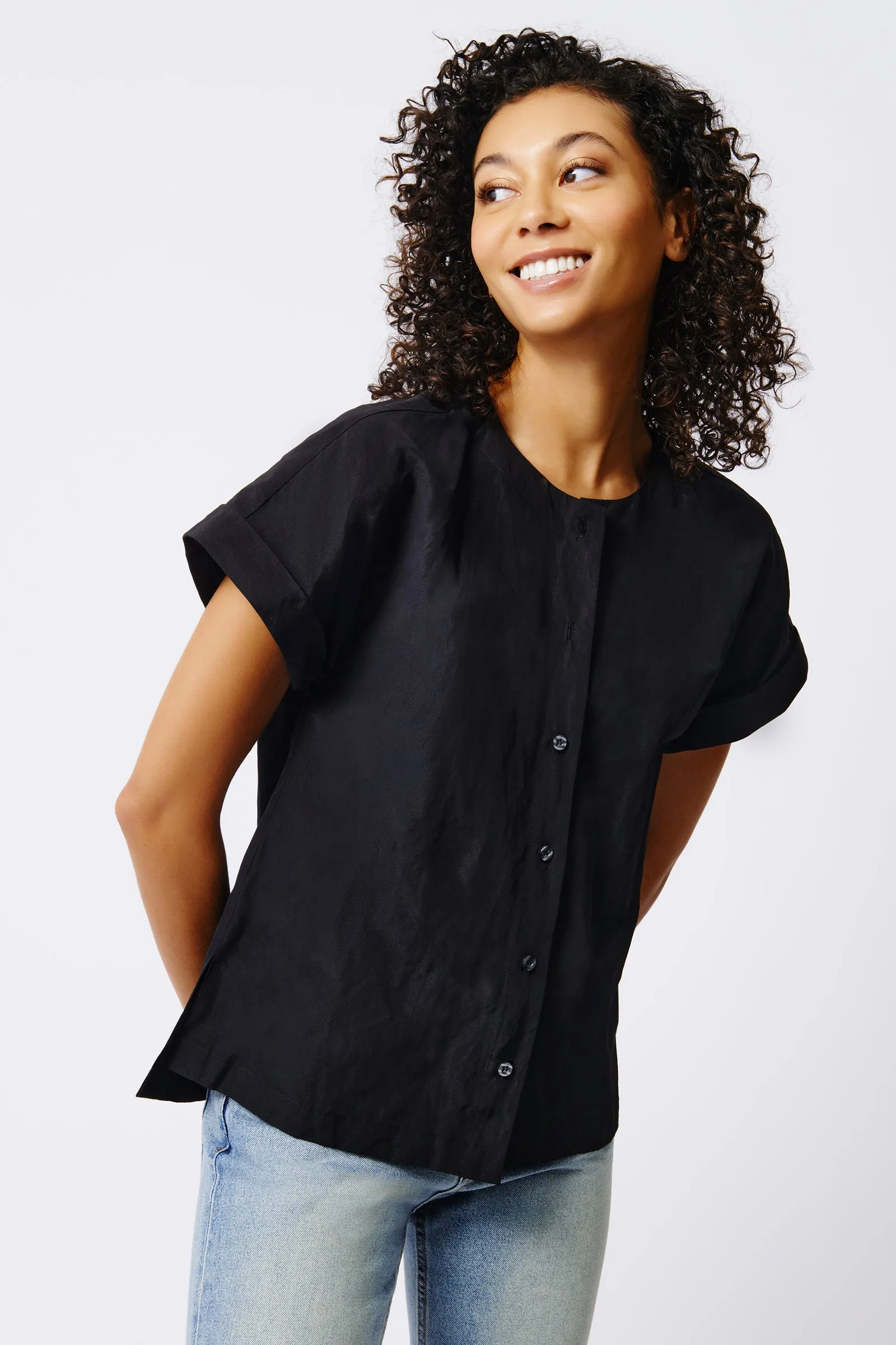 Natalie Short Sleeve Placket Shirt - Black