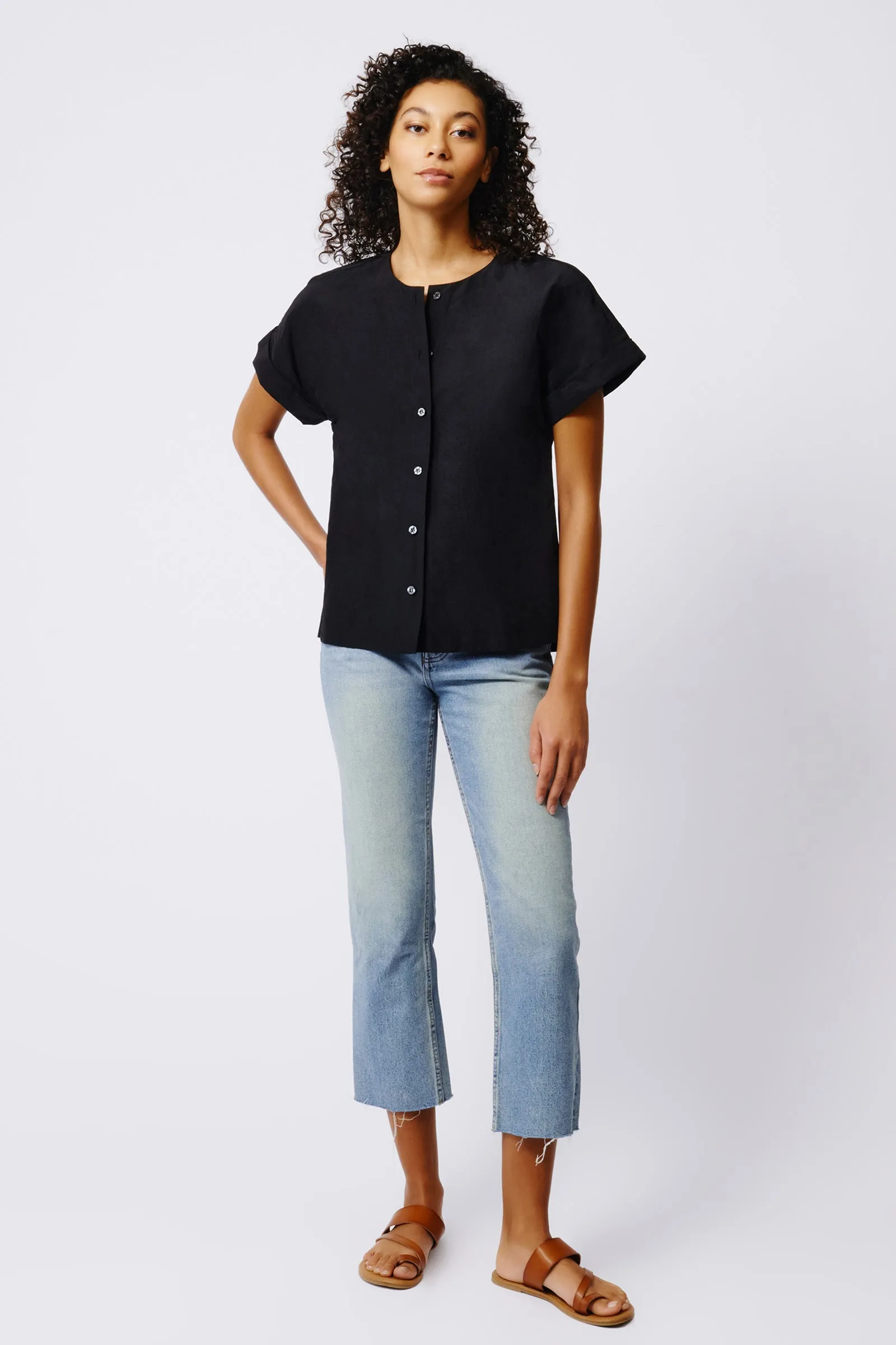 Natalie Short Sleeve Placket Shirt - Black