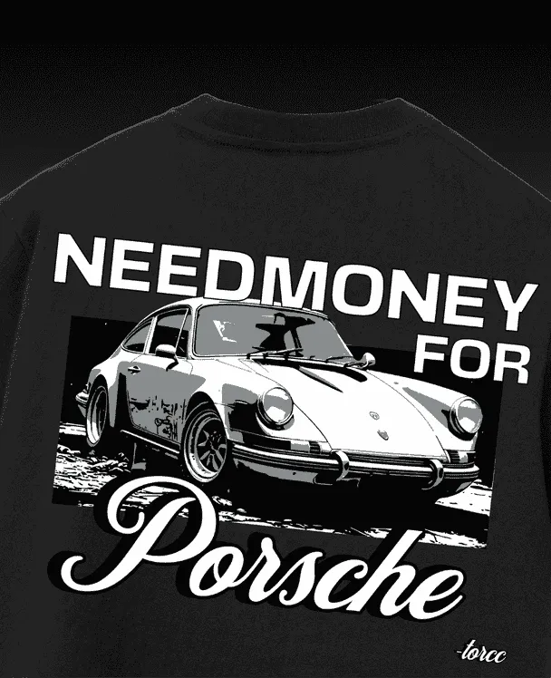 Need Money for Porsche Black Printed Oversized T-shirt | Drop Shoulder T-shirt