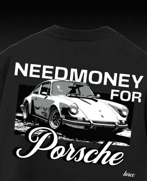 Need Money for Porsche Black Printed Oversized T-shirt | Drop Shoulder T-shirt