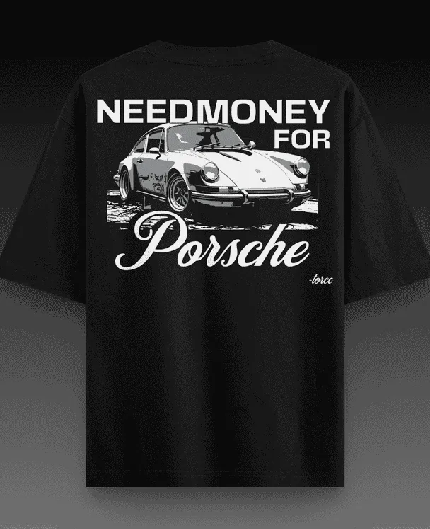 Need Money for Porsche Black Printed Oversized T-shirt | Drop Shoulder T-shirt