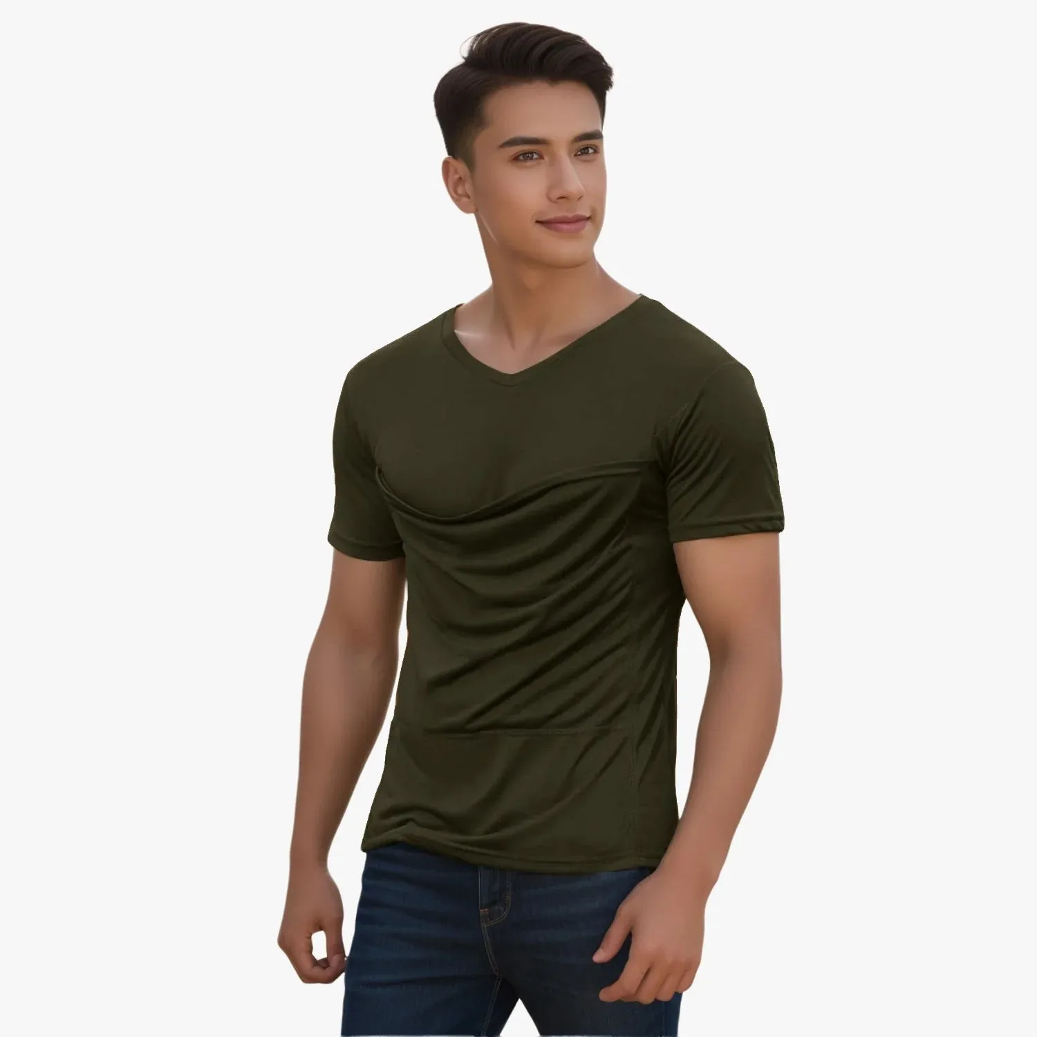 New Mens Baby Carrier Shirt V Neck Short Sleeve T-Shirts for Men Skin to Skin T-Shirt with Pocket in Army Green Tag says Sz 2XL Fits like a L/XL!