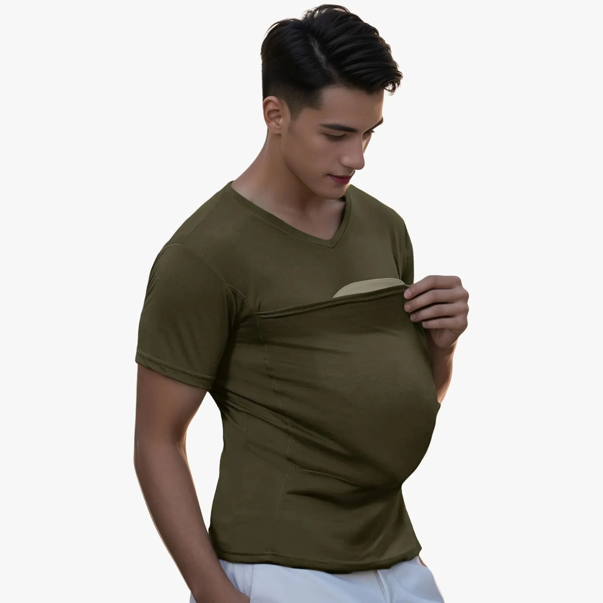 New Mens Baby Carrier Shirt V Neck Short Sleeve T-Shirts for Men Skin to Skin T-Shirt with Pocket in Army Green Tag says Sz 2XL Fits like a L/XL!