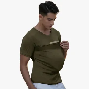 New Mens Baby Carrier Shirt V Neck Short Sleeve T-Shirts for Men Skin to Skin T-Shirt with Pocket in Army Green Tag says Sz 2XL Fits like a L/XL!
