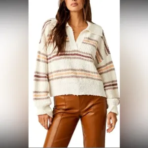 NWOT Free People Kennedy V-Neck Pullover Sweater Ivory Oak Combo Size L