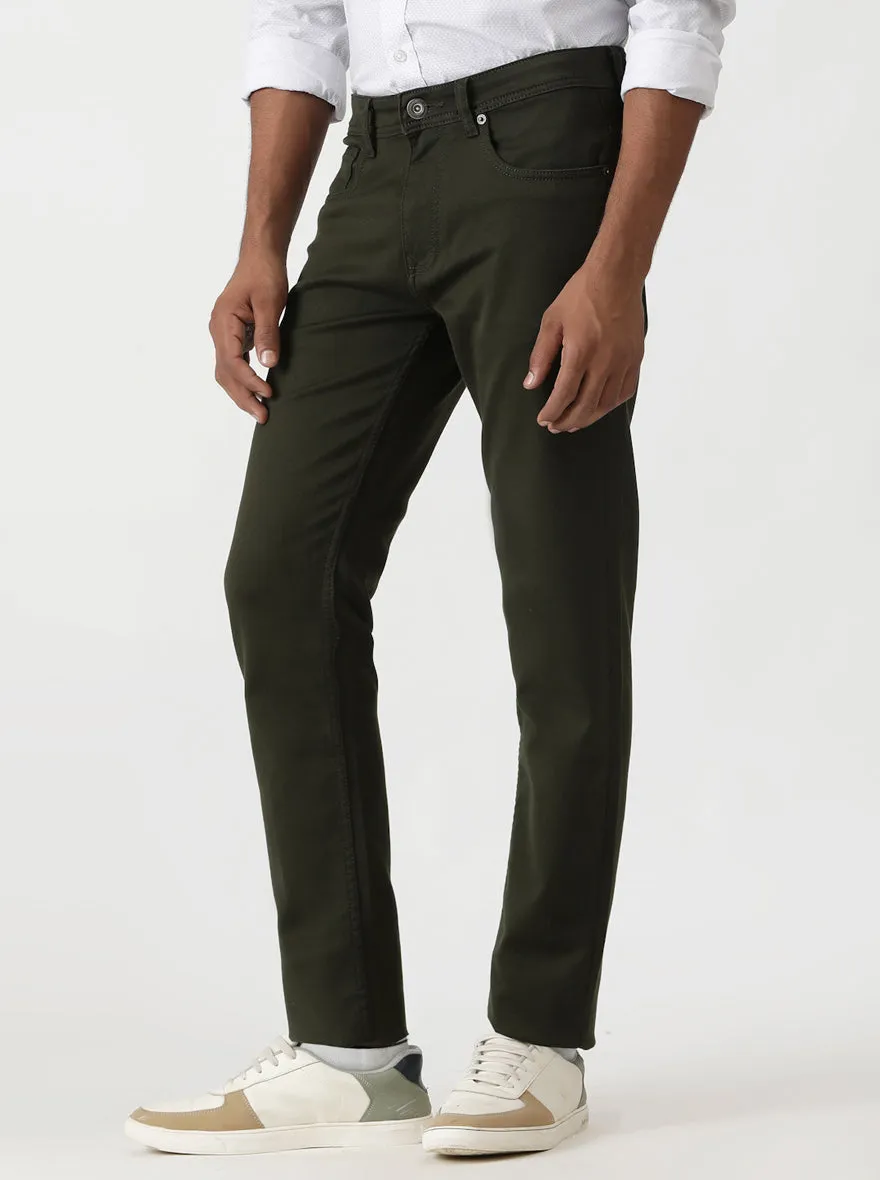 Olive Green Dobby Slim Fit Jeans | Greenfibre