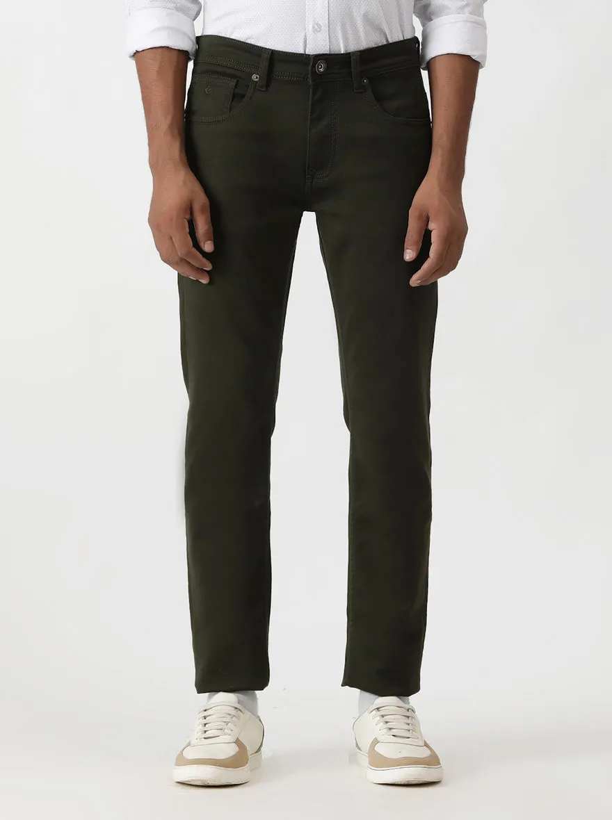 Olive Green Dobby Slim Fit Jeans | Greenfibre