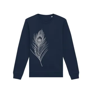 Organic Cotton Graphic Sweatshirt | Silver peacock feather on Navy