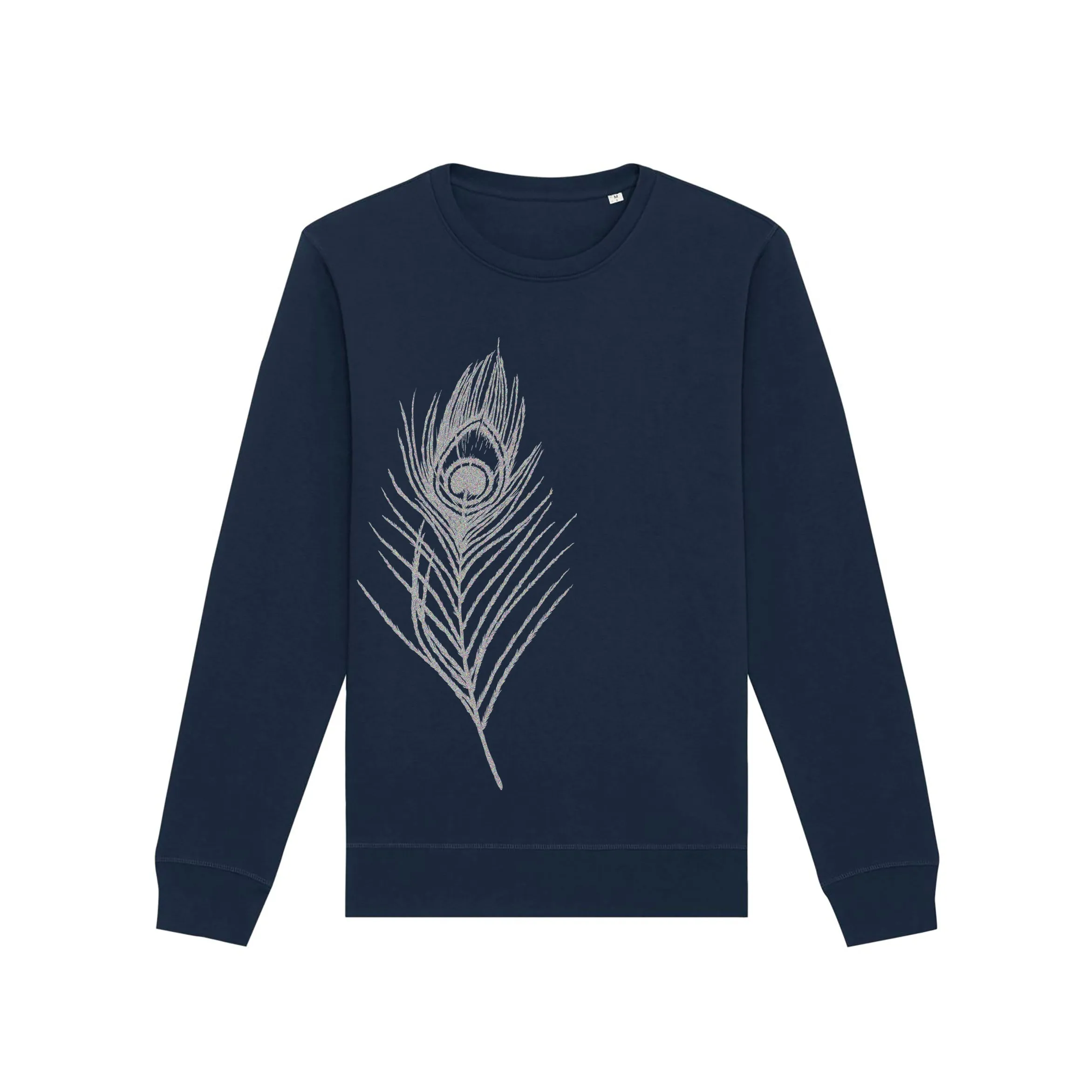 Organic Cotton Graphic Sweatshirt | Silver peacock feather on Navy