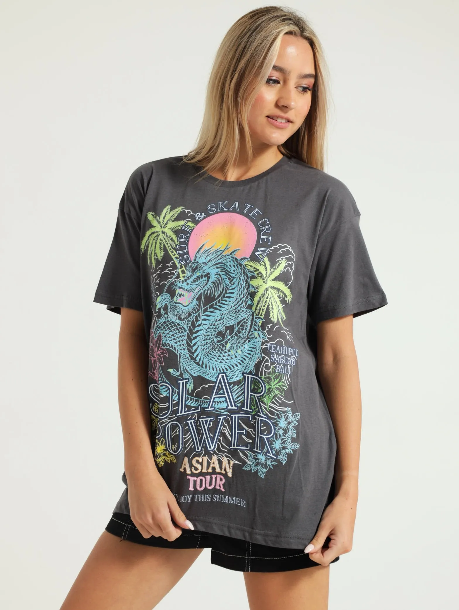 Oversized Printed Tee - Charcoal
