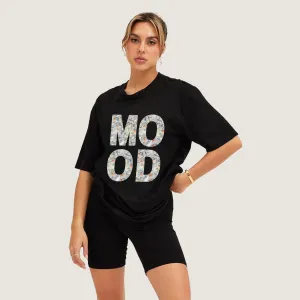 Peach Blossom Women's Printed Over-sized  Tshirt | Cotton Half Sleeve Black Color T-Shirt |  Mood