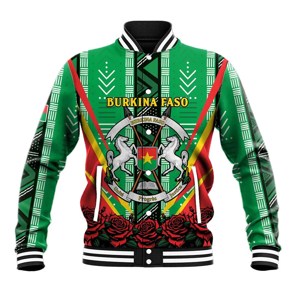 Personalised Afro Burkina Faso Baseball Jacket Coat Of Arms With Rose LT15