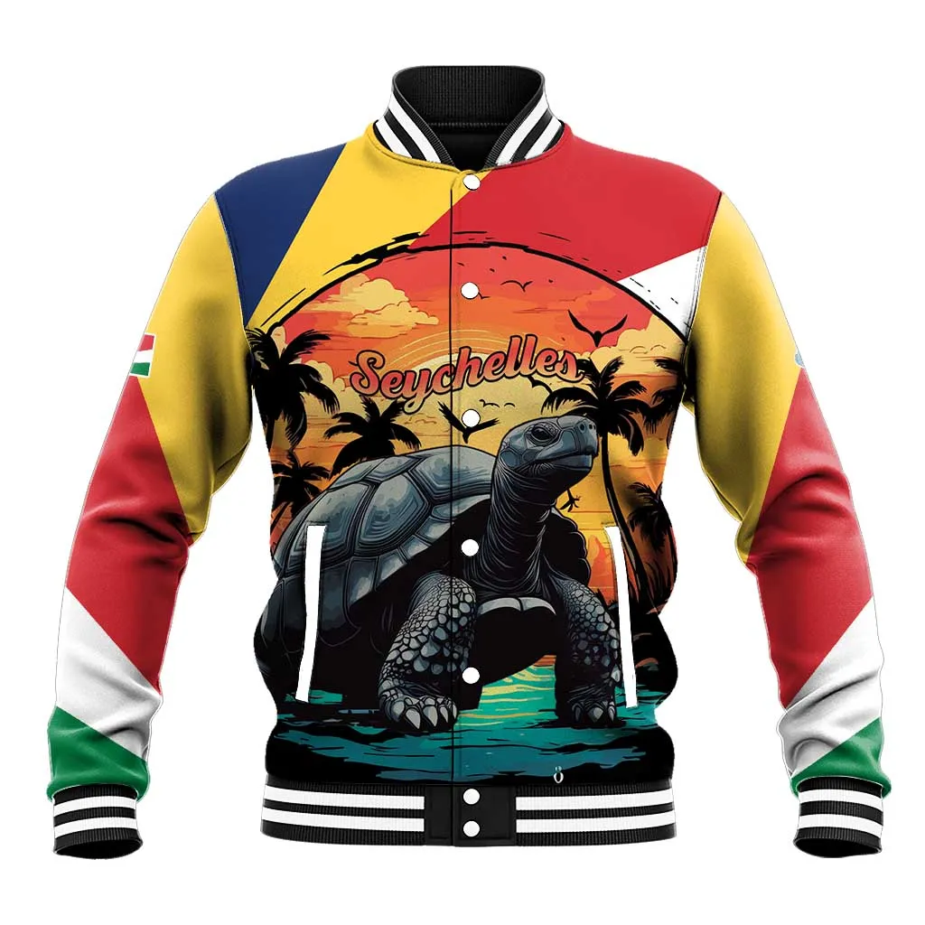 Personalised Afro Seychelles Baseball Jacket Aldabra Giant Tortoise With Beach Sunset LT15