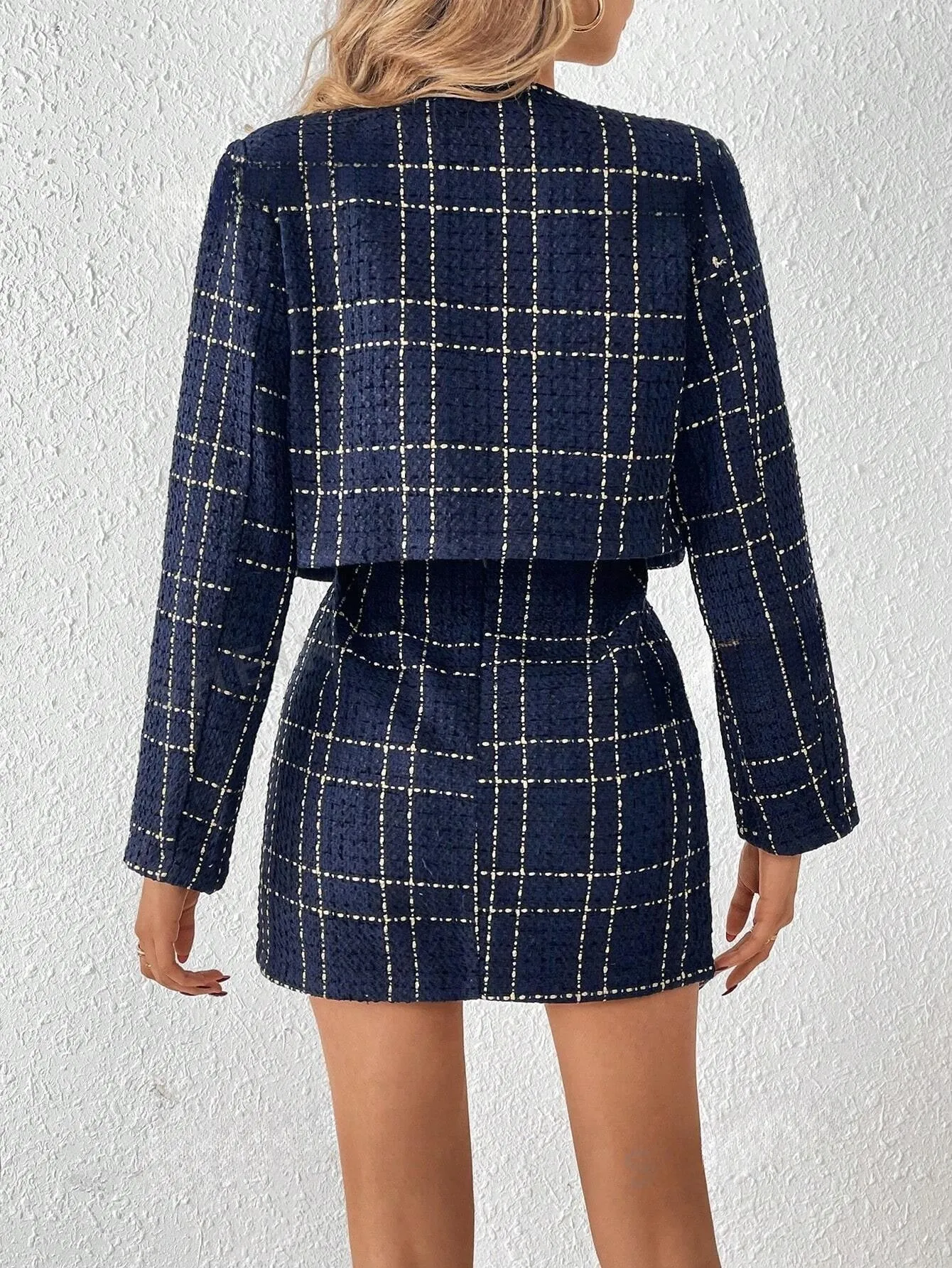 Plaid Button Front Coat And Split Hem Skirt Two Piece Set