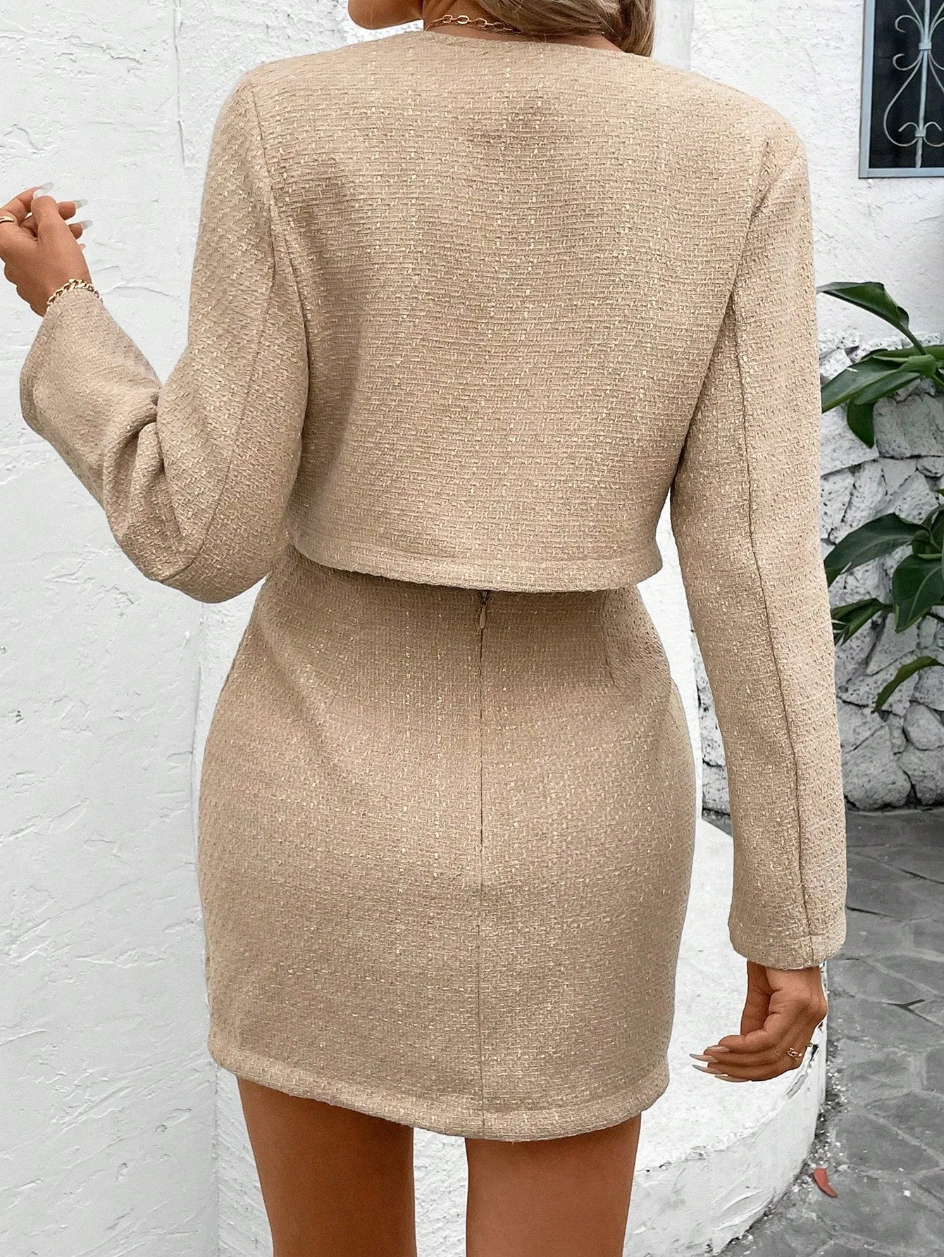 Plaid Button Front Coat And Split Hem Skirt Two Piece Set